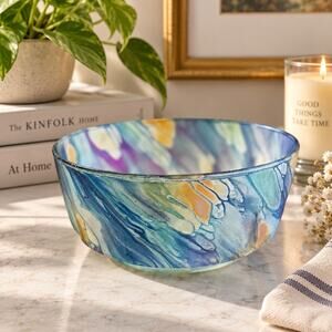 Nouveau Art Glass Rueven Hand Painted Bowl Blue Purple Pastel 8.5"